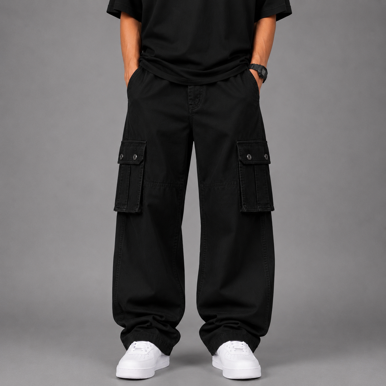 Straight Wide-Leg Cargo Pants - Black