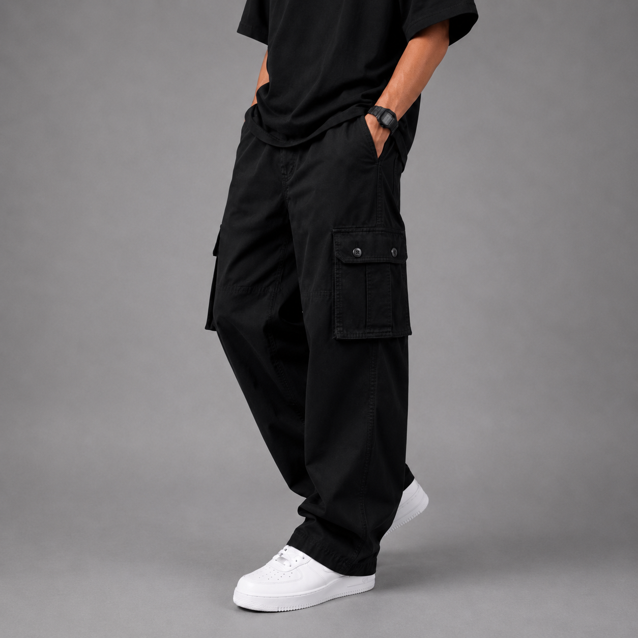 Straight Wide-Leg Cargo Pants - Black