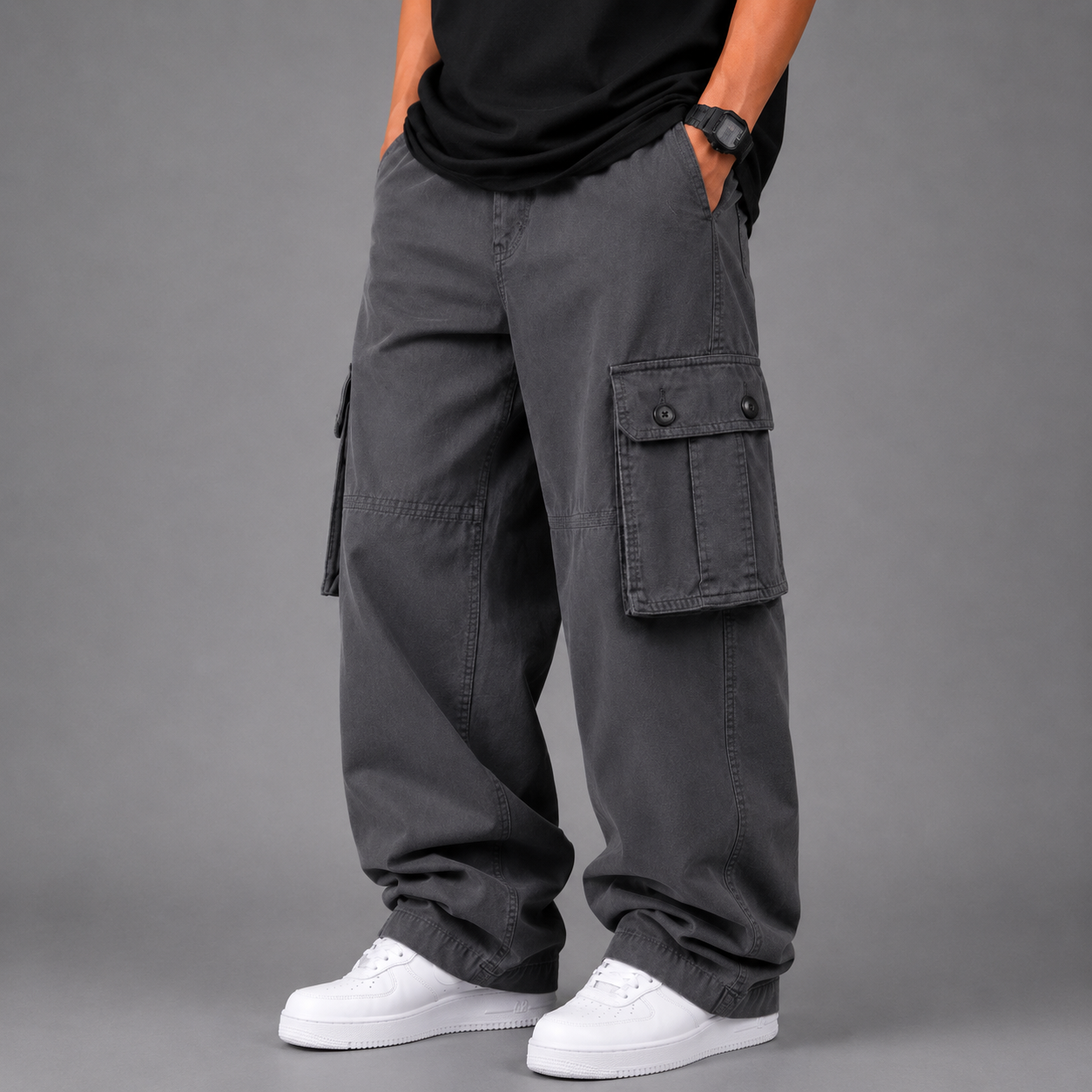 Straight Wide-Leg Cargo Pants - Grey