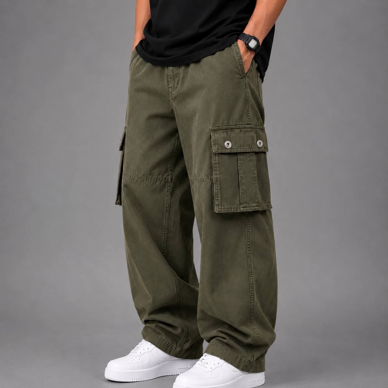 Straight Wide-Leg Cargo Pants - Olive Green