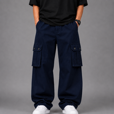 Straight Wide-Leg Cargo Pants - Navy Blue