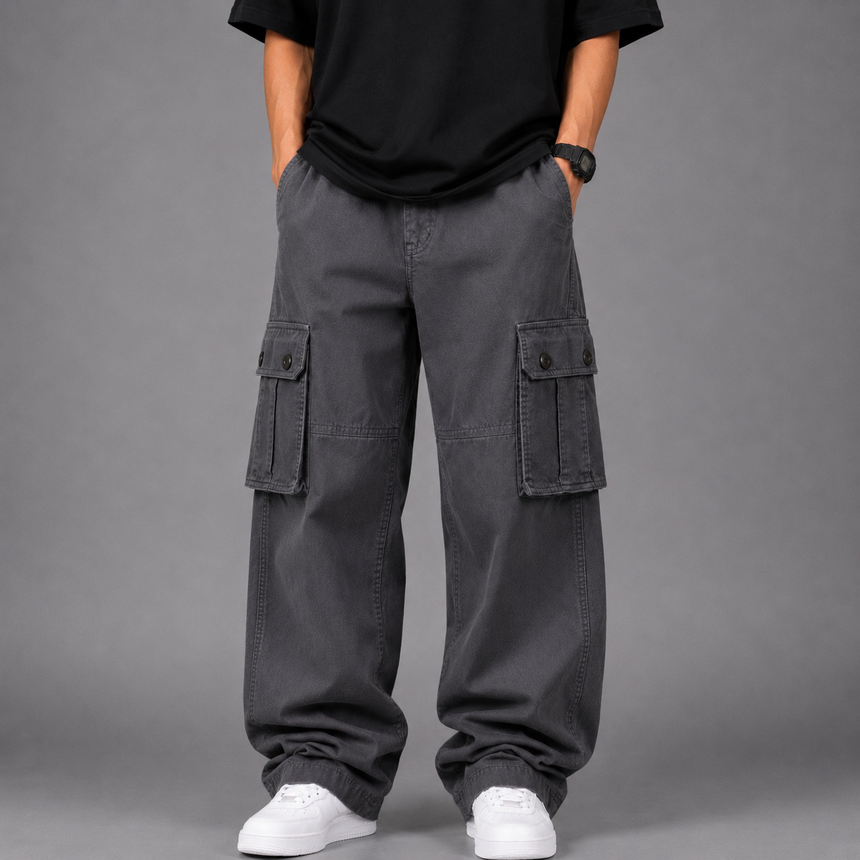 Straight Wide-Leg Cargo Pants - Grey