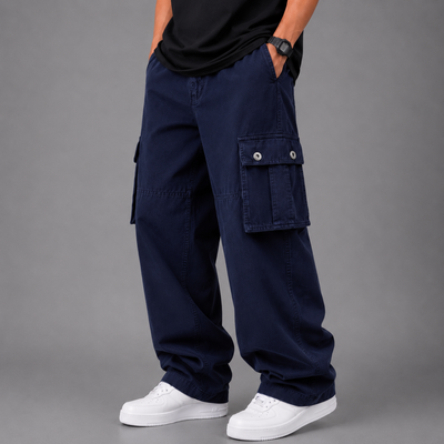 Straight Wide-Leg Cargo Pants - Navy Blue