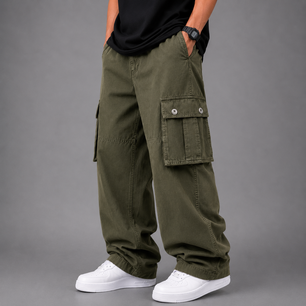Straight Wide-Leg Cargo Pants - Olive Green