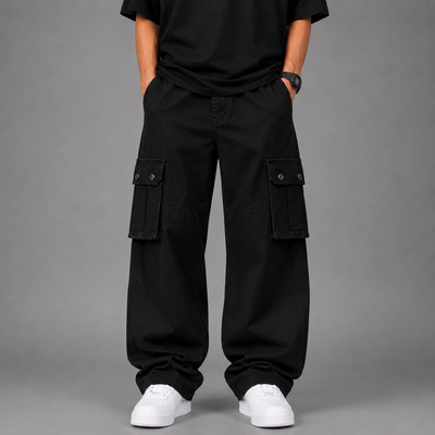 Straight Wide-Leg Cargo Pants - Black