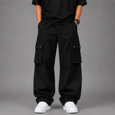 Straight Wide-Leg Cargo Pants - Black 