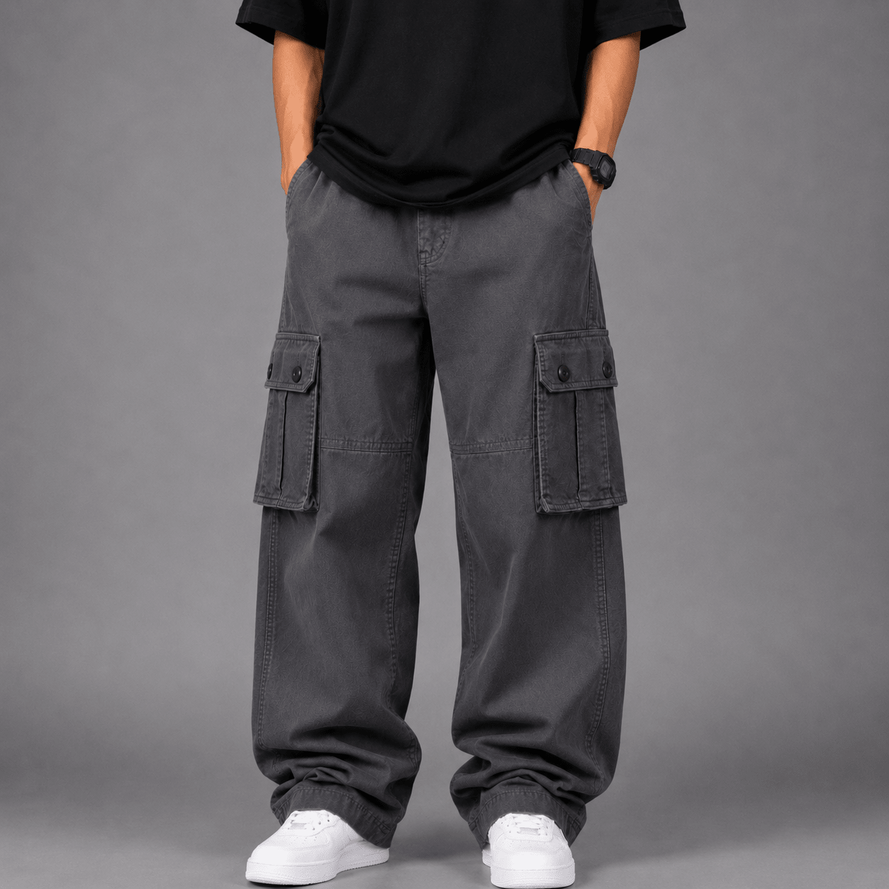 Straight Wide-Leg Cargo Pants - Grey 
