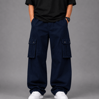 Straight Wide-Leg Cargo Pants - Navy Blue 