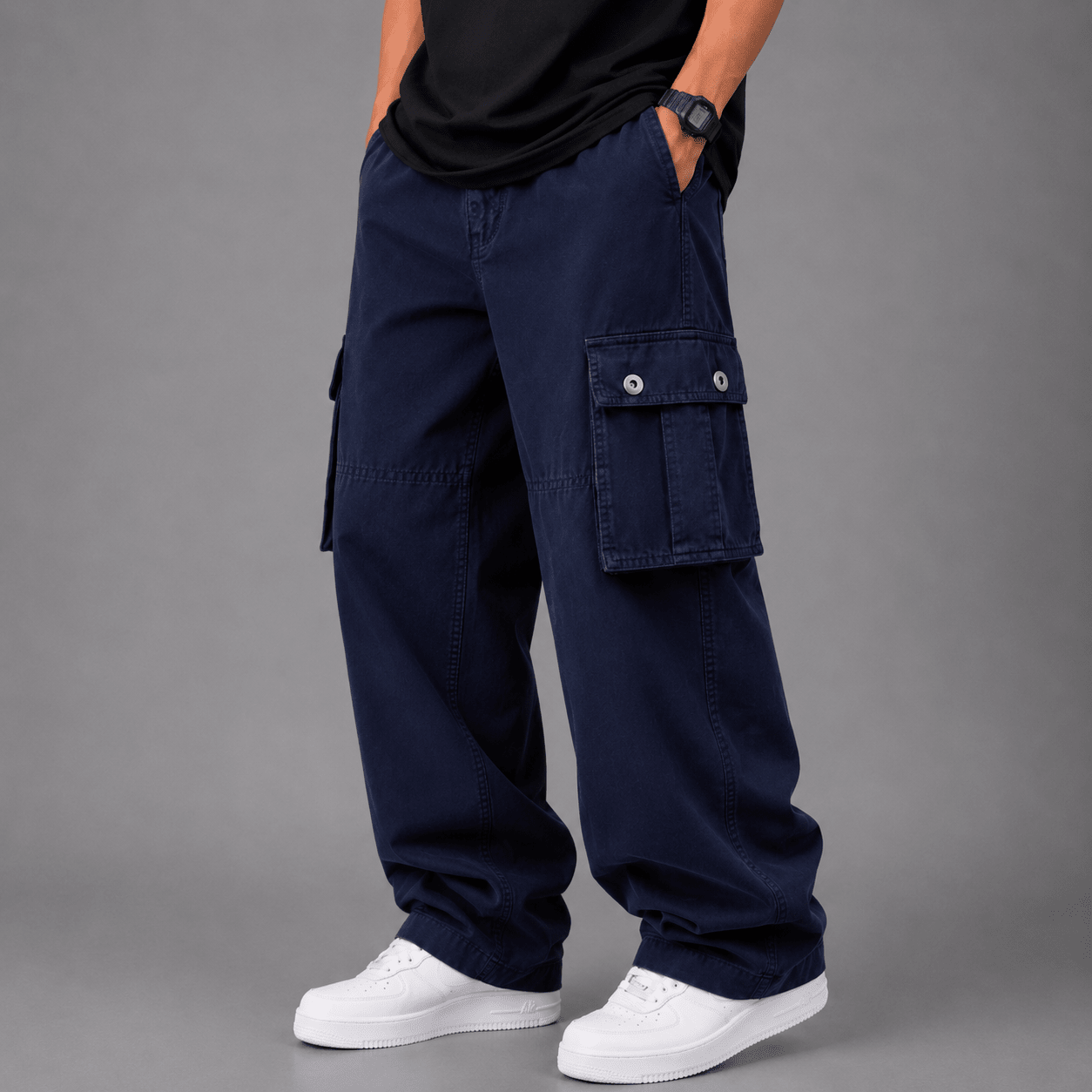 Straight Wide-Leg Cargo Pants - Navy Blue 