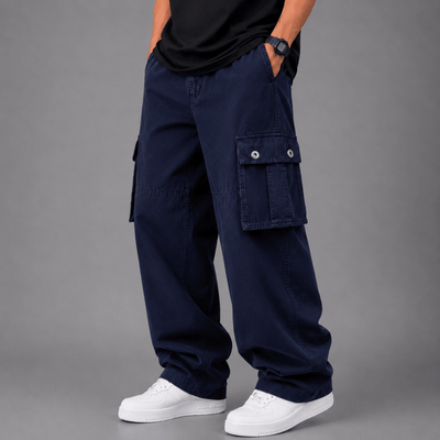 Straight Wide-Leg Cargo Pants - Navy Blue 