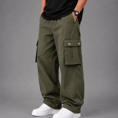 Straight Wide-Leg Cargo Pants - Olive Green 